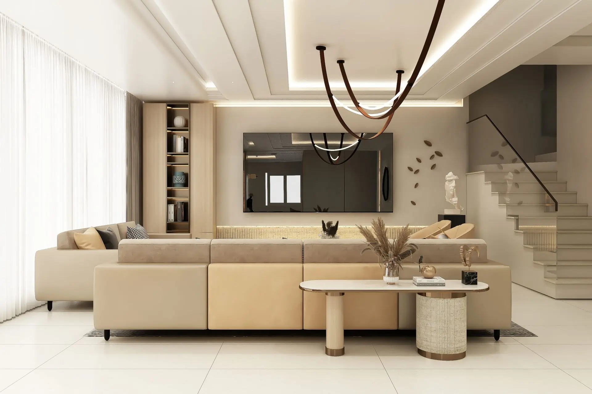 A bright living room with a linen sofa, warm wood and soft afternoon light