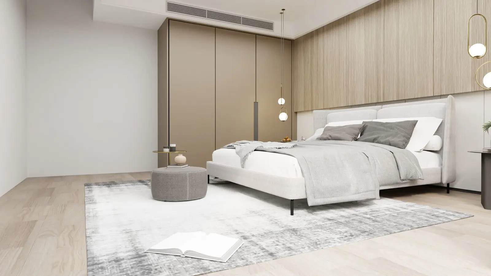 An upholstered platform bed in a bright bedroom