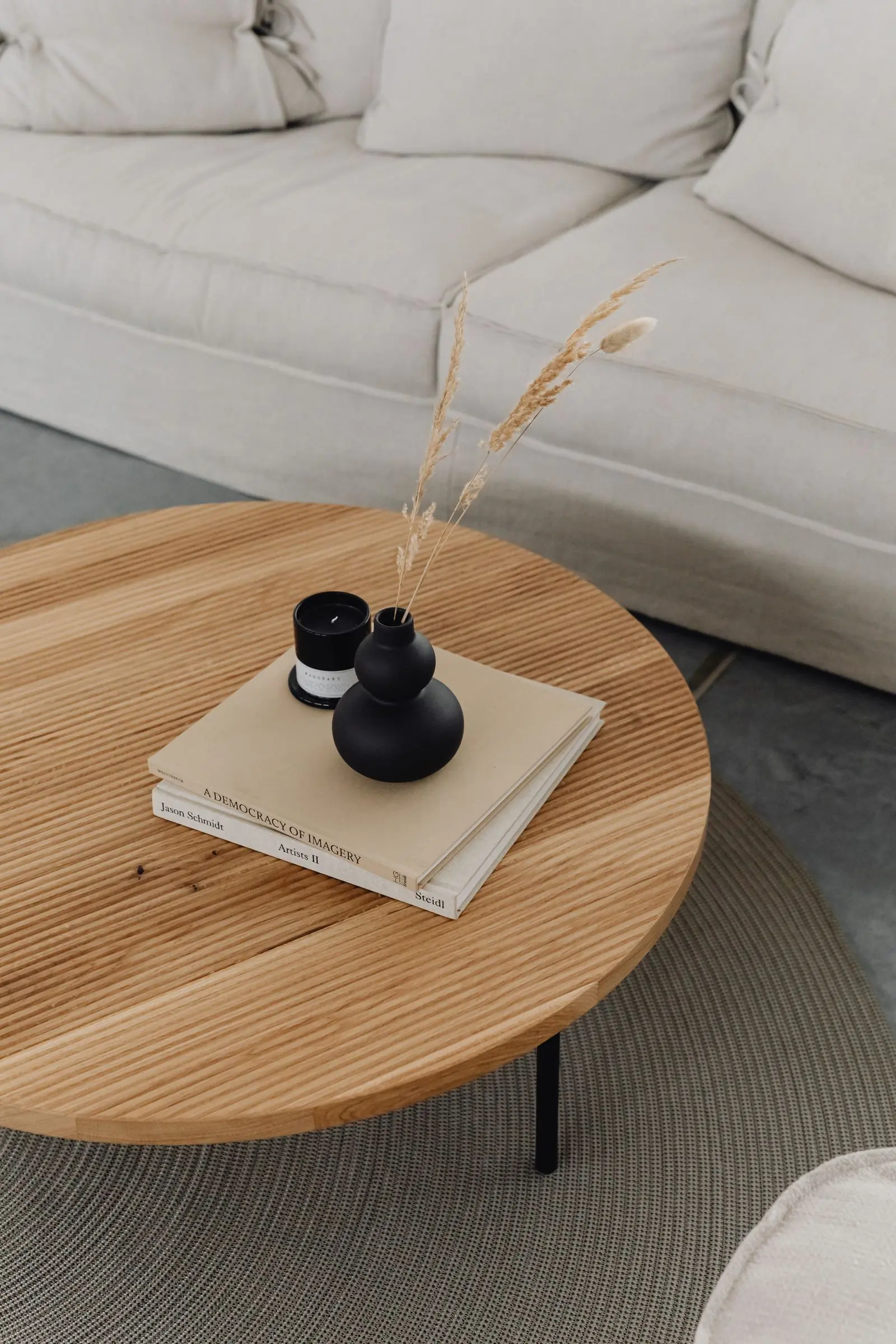 A low wooden coffee table in a calm living room