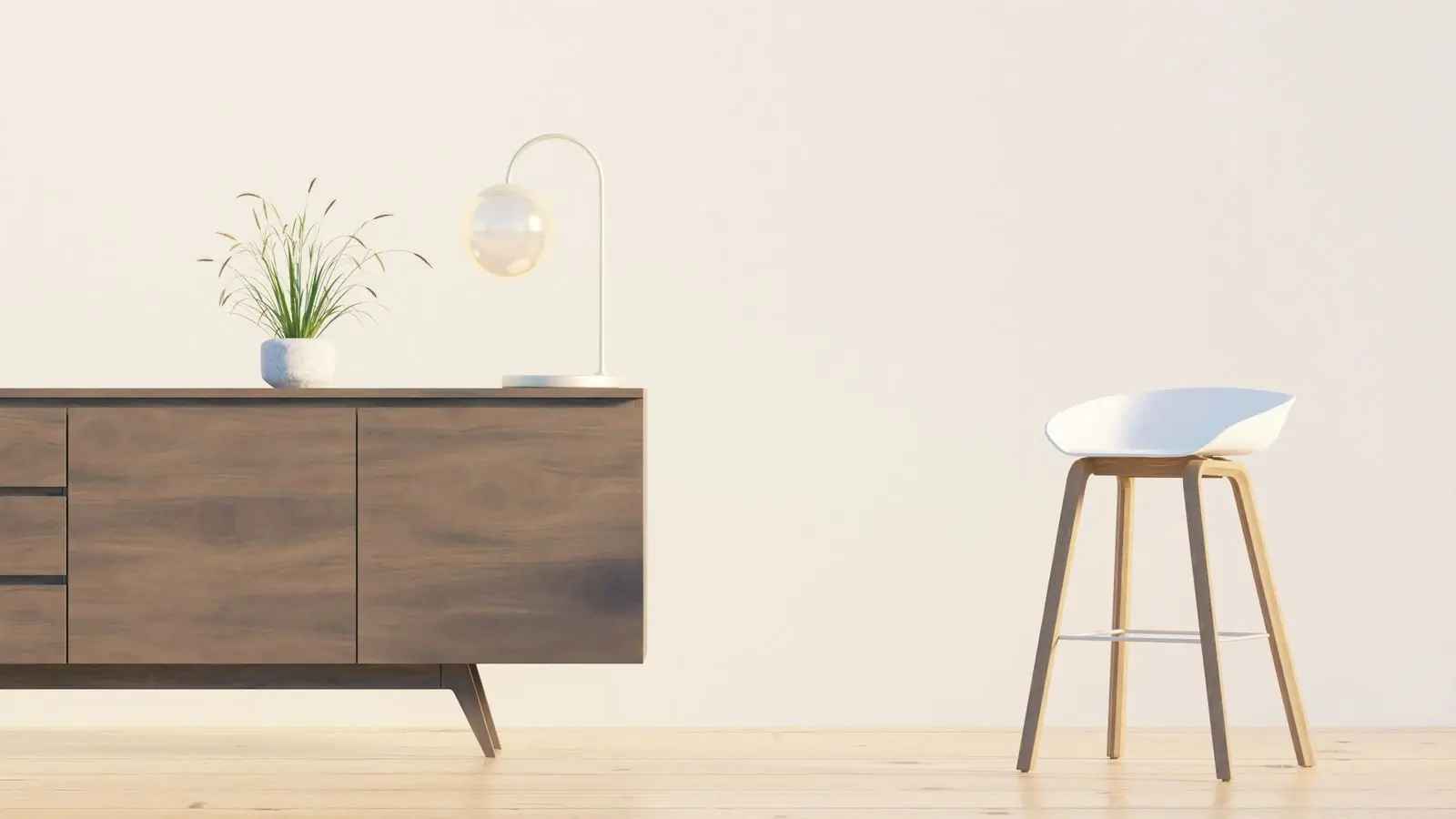 A wooden sideboard with styled objects on top