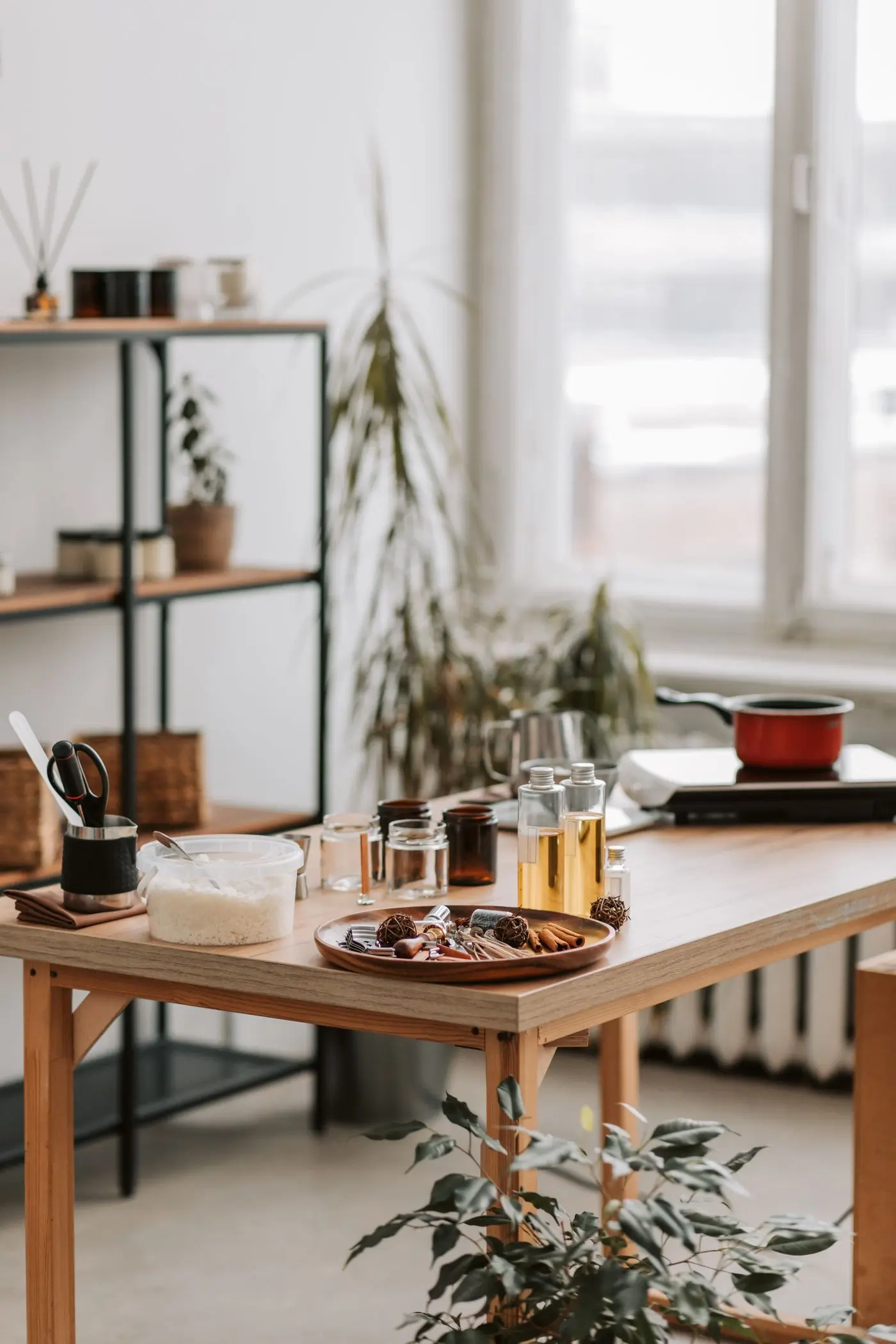 A pale wooden workbench under a tall window laid with bottles of golden oil, small glass jars, a tub of white wax flakes and a wooden tray of cinnamon and dried botanicals