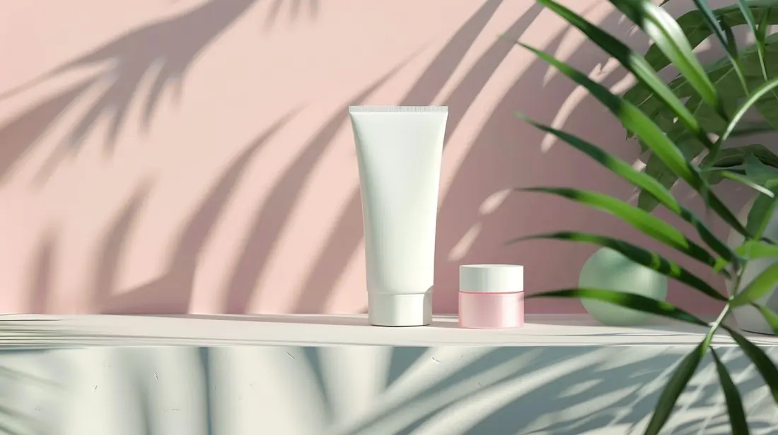 A white unlabelled cream tube and a small pink jar on a pale ledge, palm-leaf shadows falling across a blush pink wall
