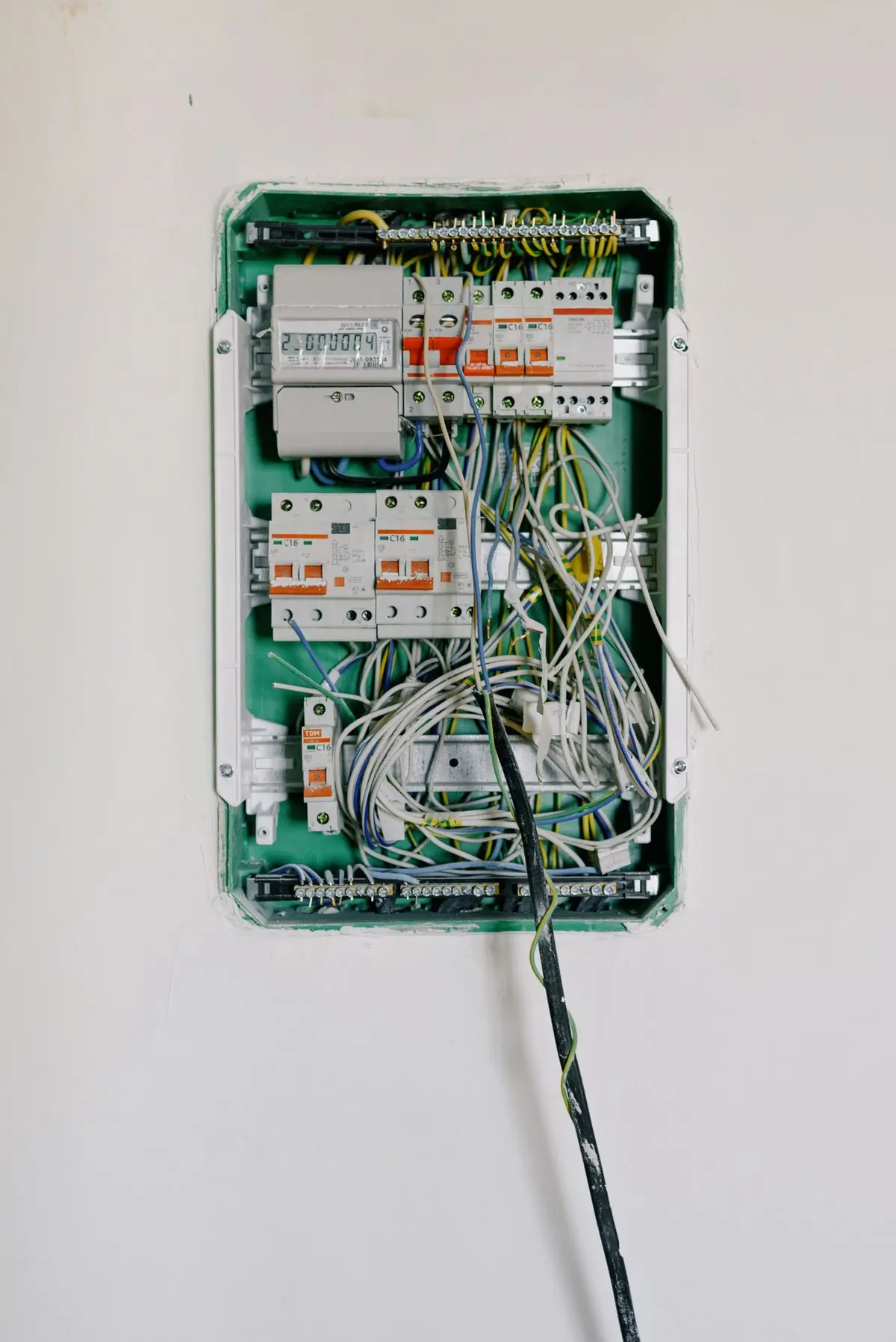 A newly terminated consumer unit with its circuits labelled