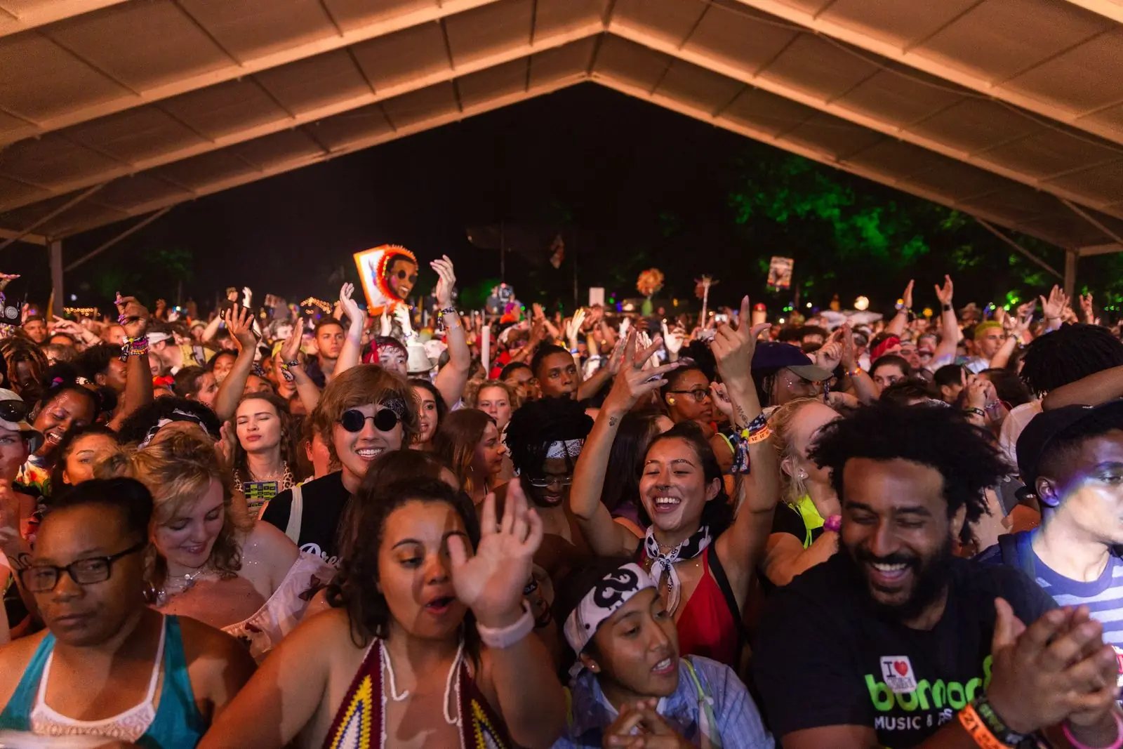 Festival-goers cheering in a packed crowd under a marquee