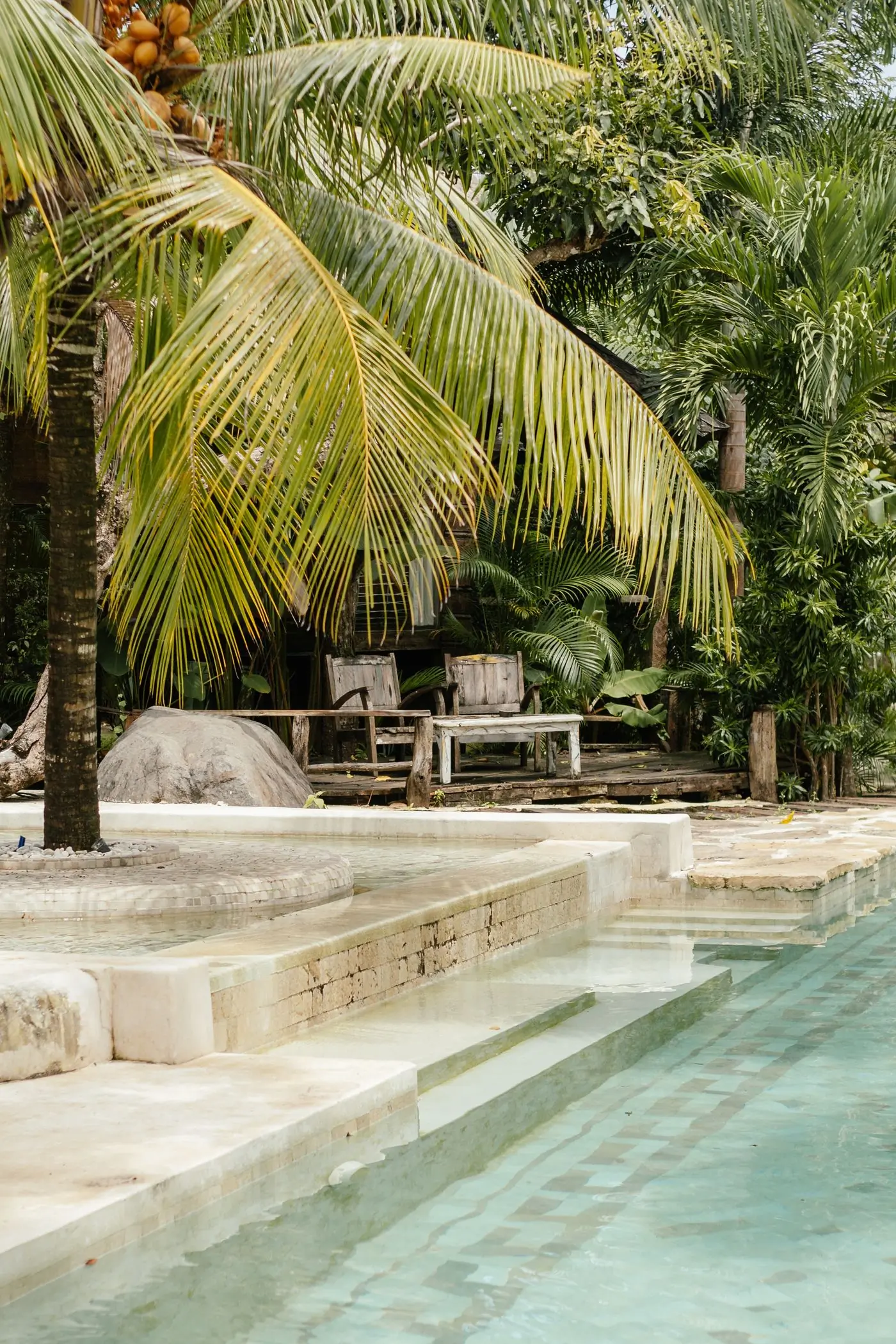 A stone plunge pool set among palms and boulders in a quiet garden