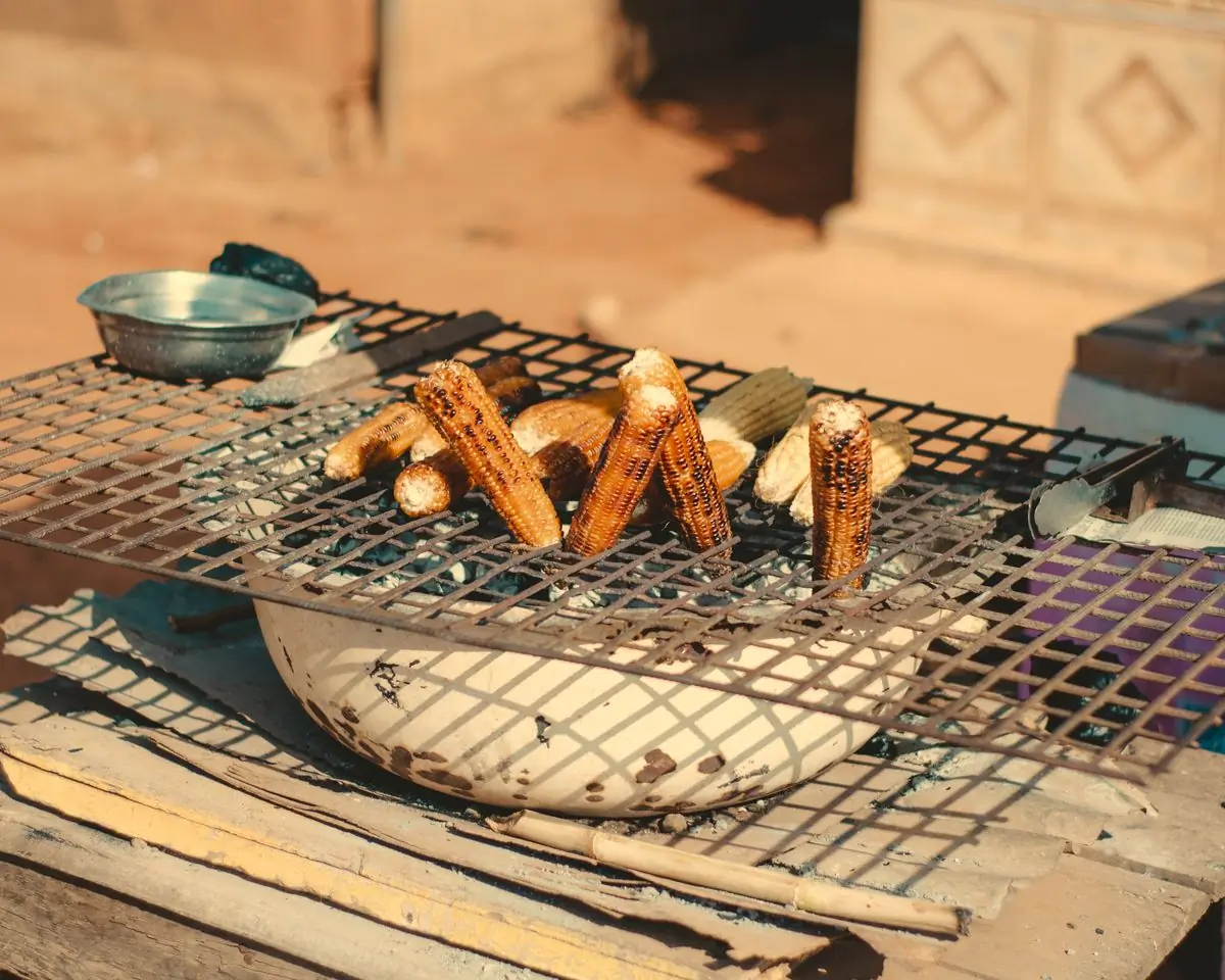 Corn and skewers turning over the coals