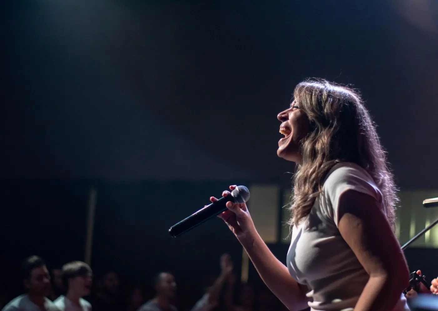 A vocalist performing on stage under warm light