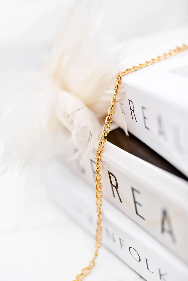 A gold chain draped over a stack of cream art books with white feathers beside it