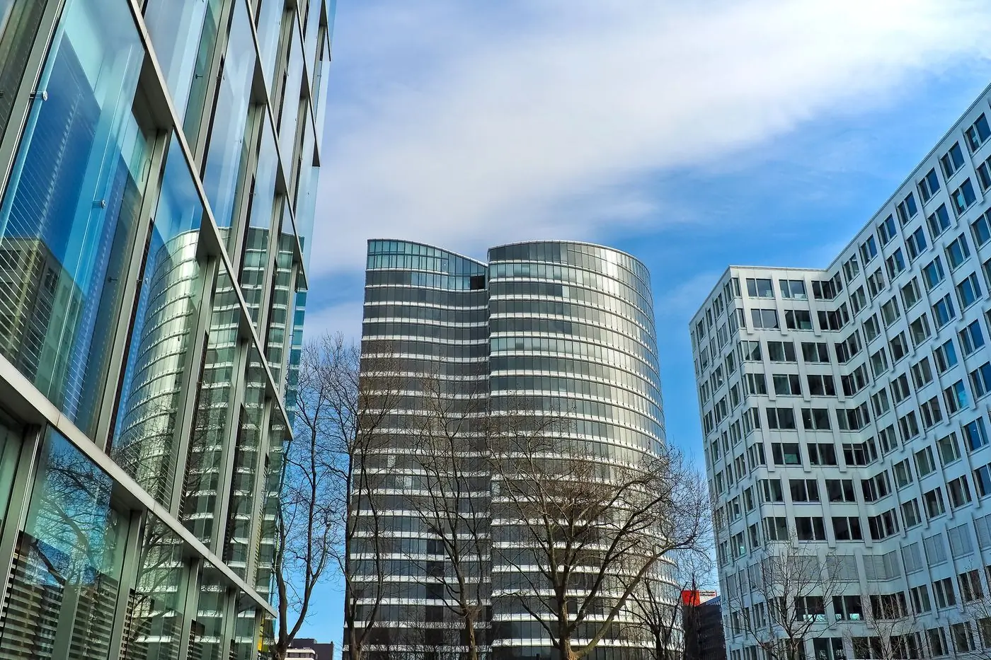 Office towers standing together against a clear sky