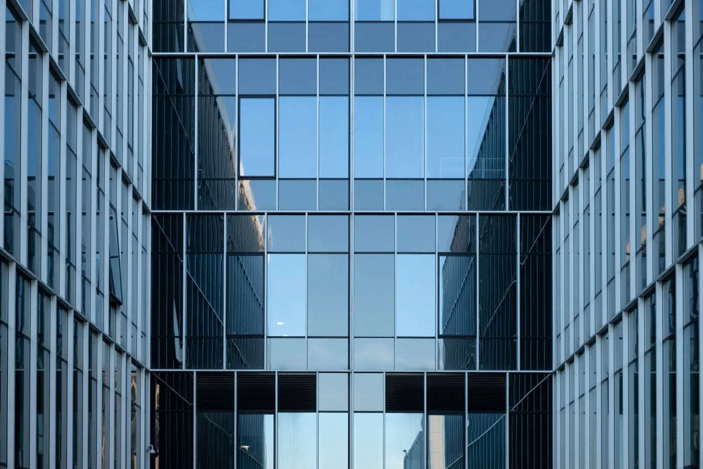 The glazed corner of a completed office building