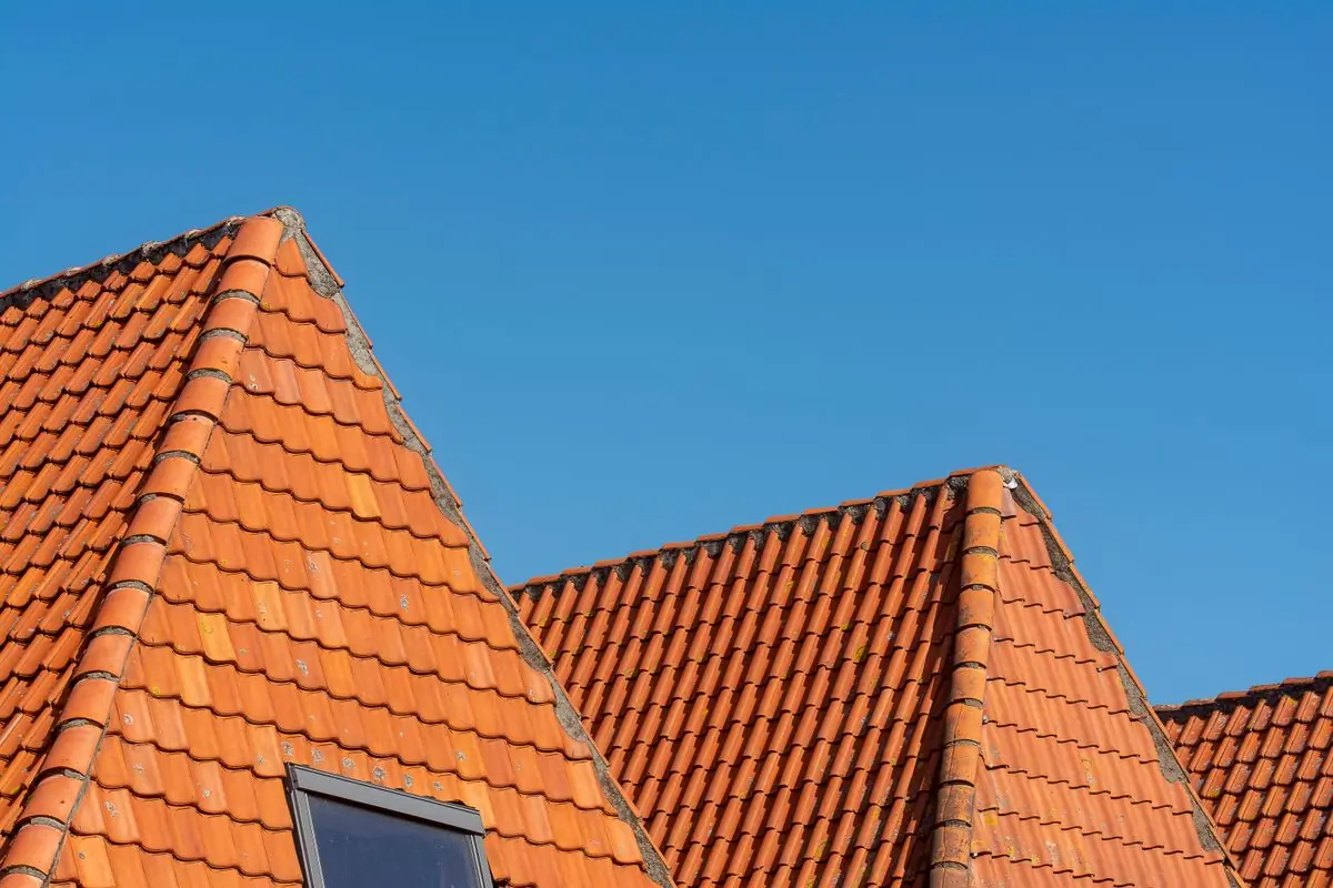 Close-up of red clay pantiles under a clear sky