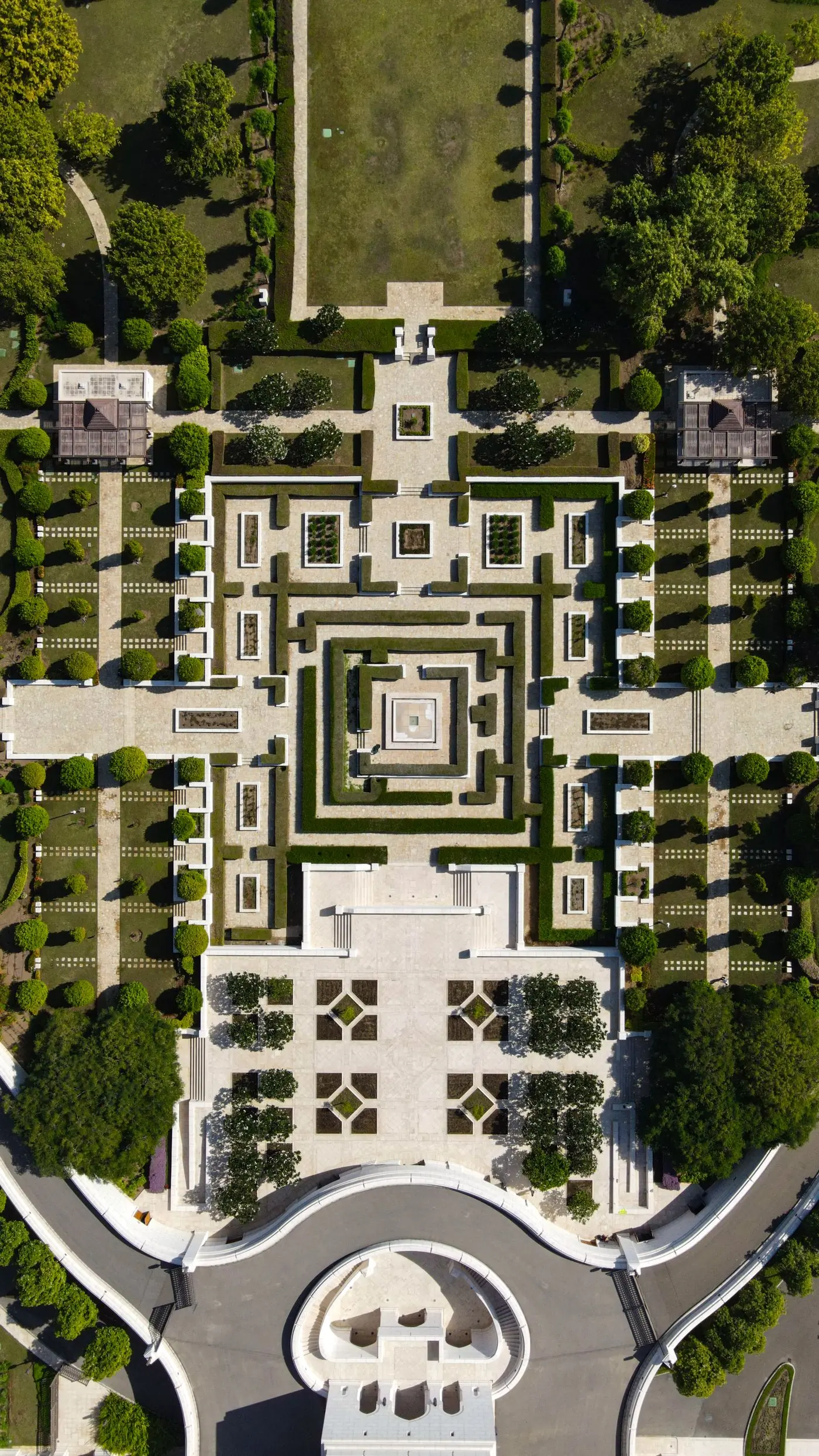 A geometric formal garden seen from directly above, its beds laid out in a pattern