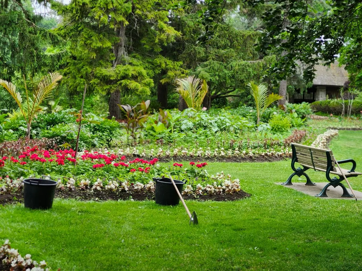 Planted borders and a bench on a kept lawn