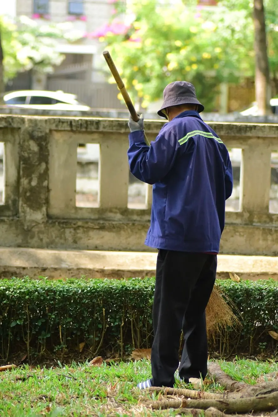 A gardener finishing a round and looking back across the lawn