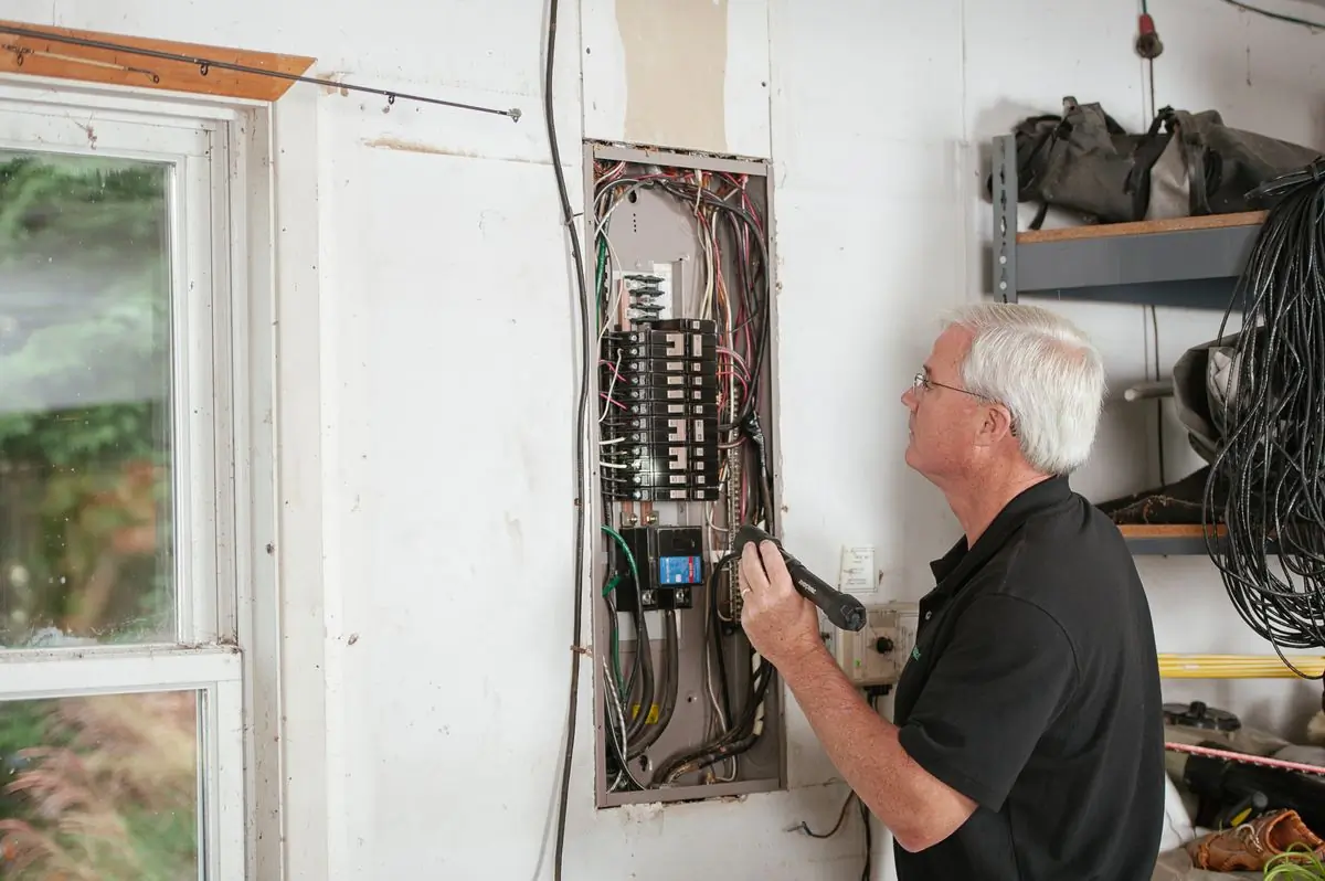 A Handy electrician testing a residential consumer unit