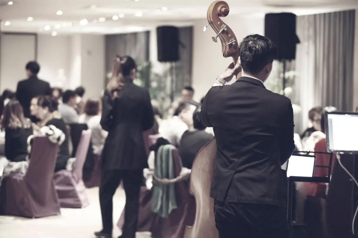 A double bass player performing at a dinner event