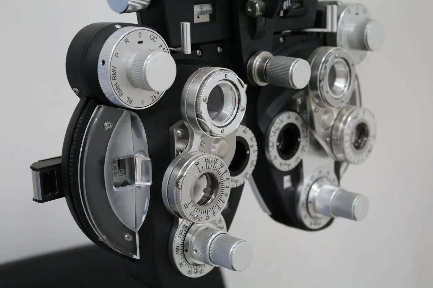 A phoropter, the multi-lens instrument used in an eye test