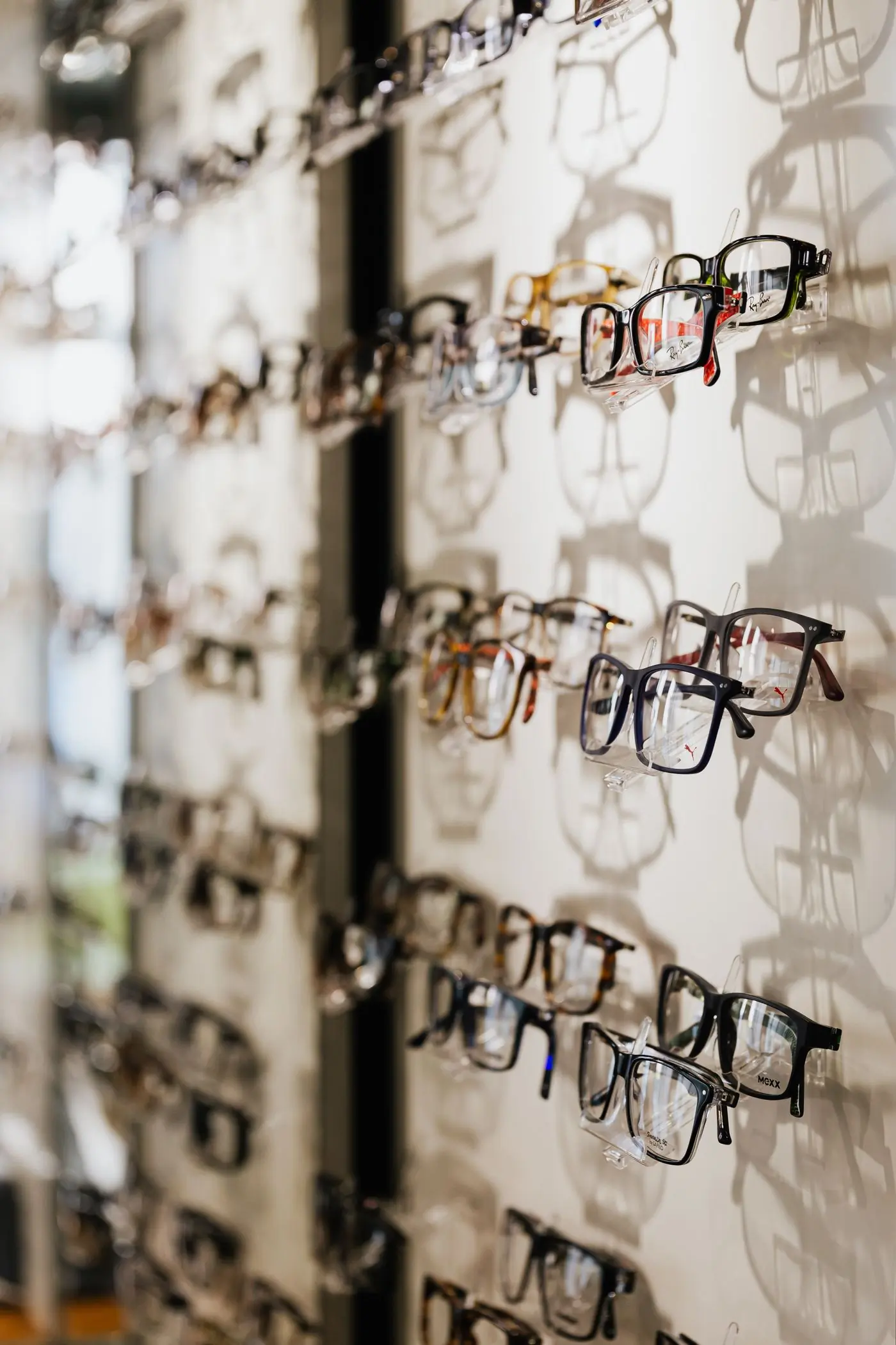 A wall of optical frames in a softly lit shop