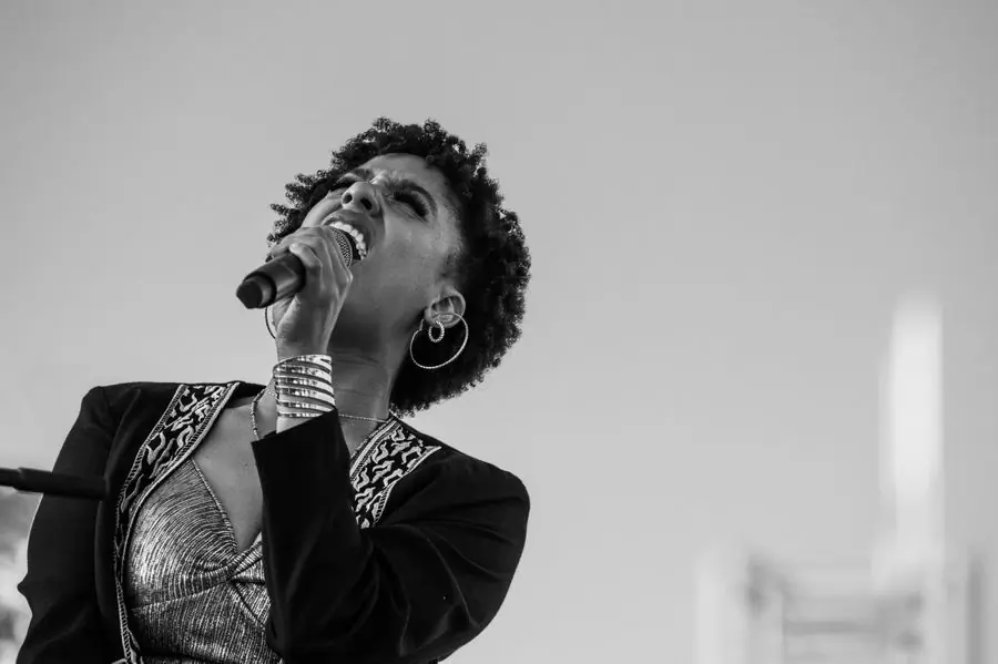A singer performing into a microphone