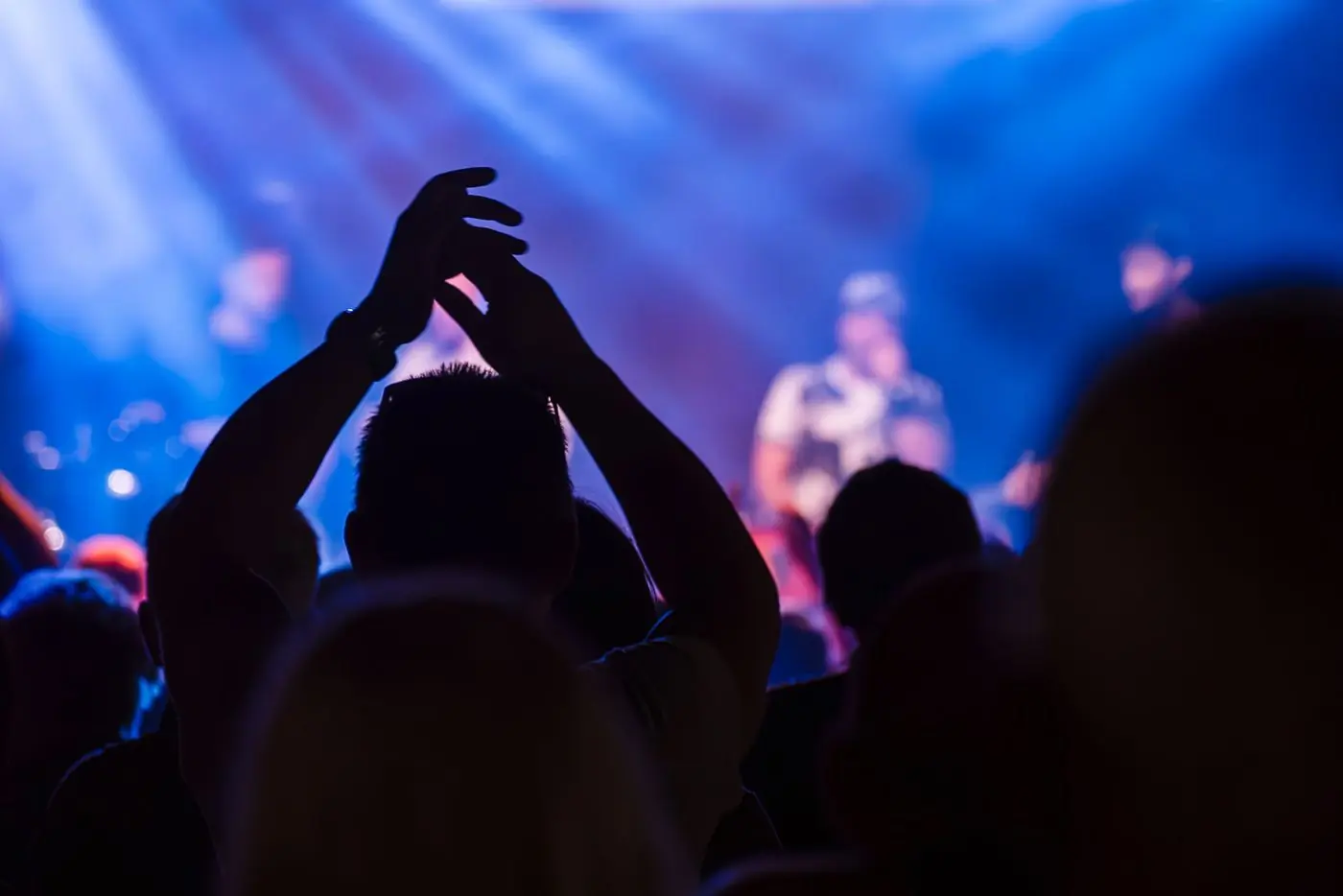 A crowd with raised hands at a live concert