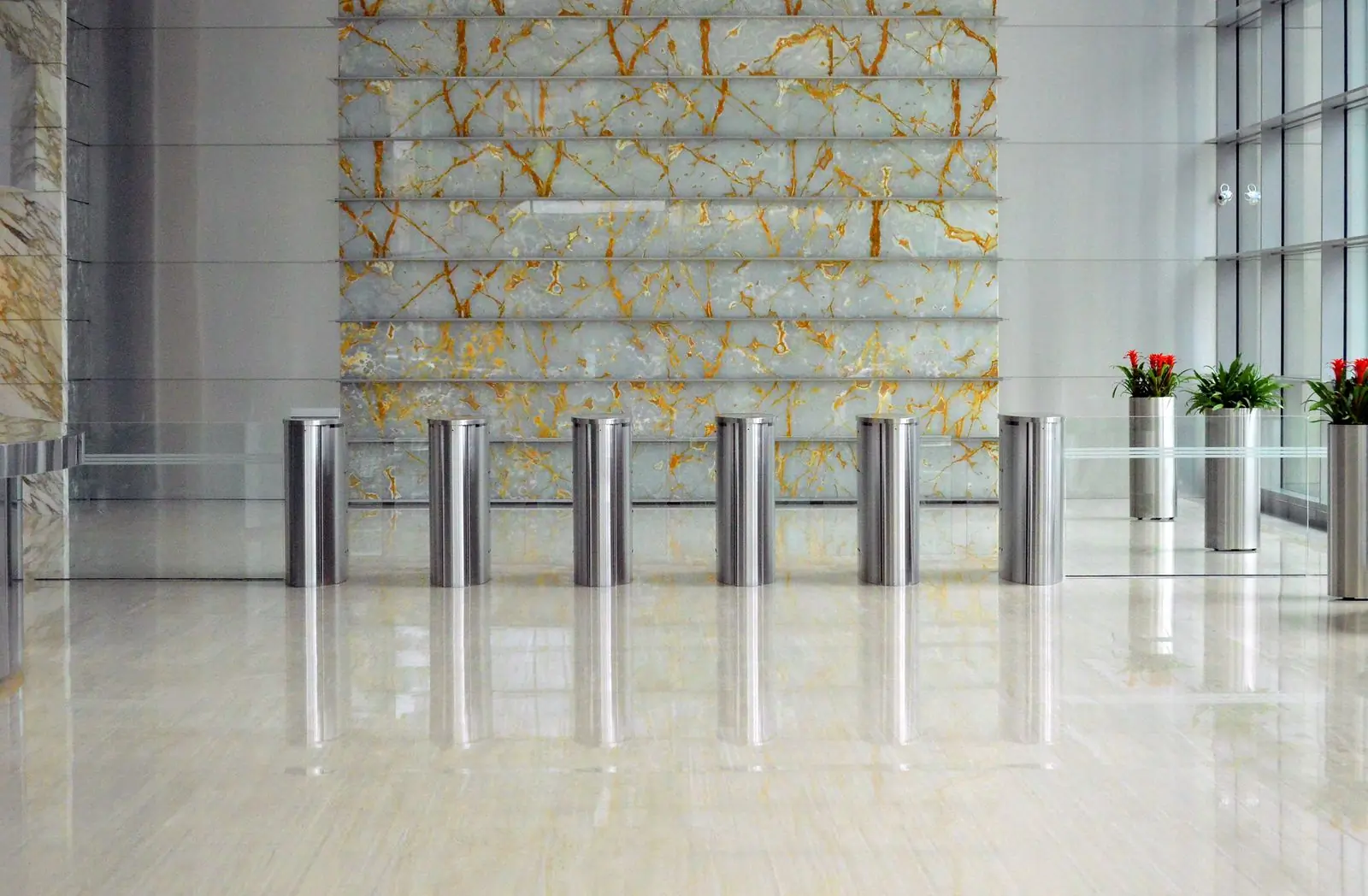 The finished entrance hall of a completed office building