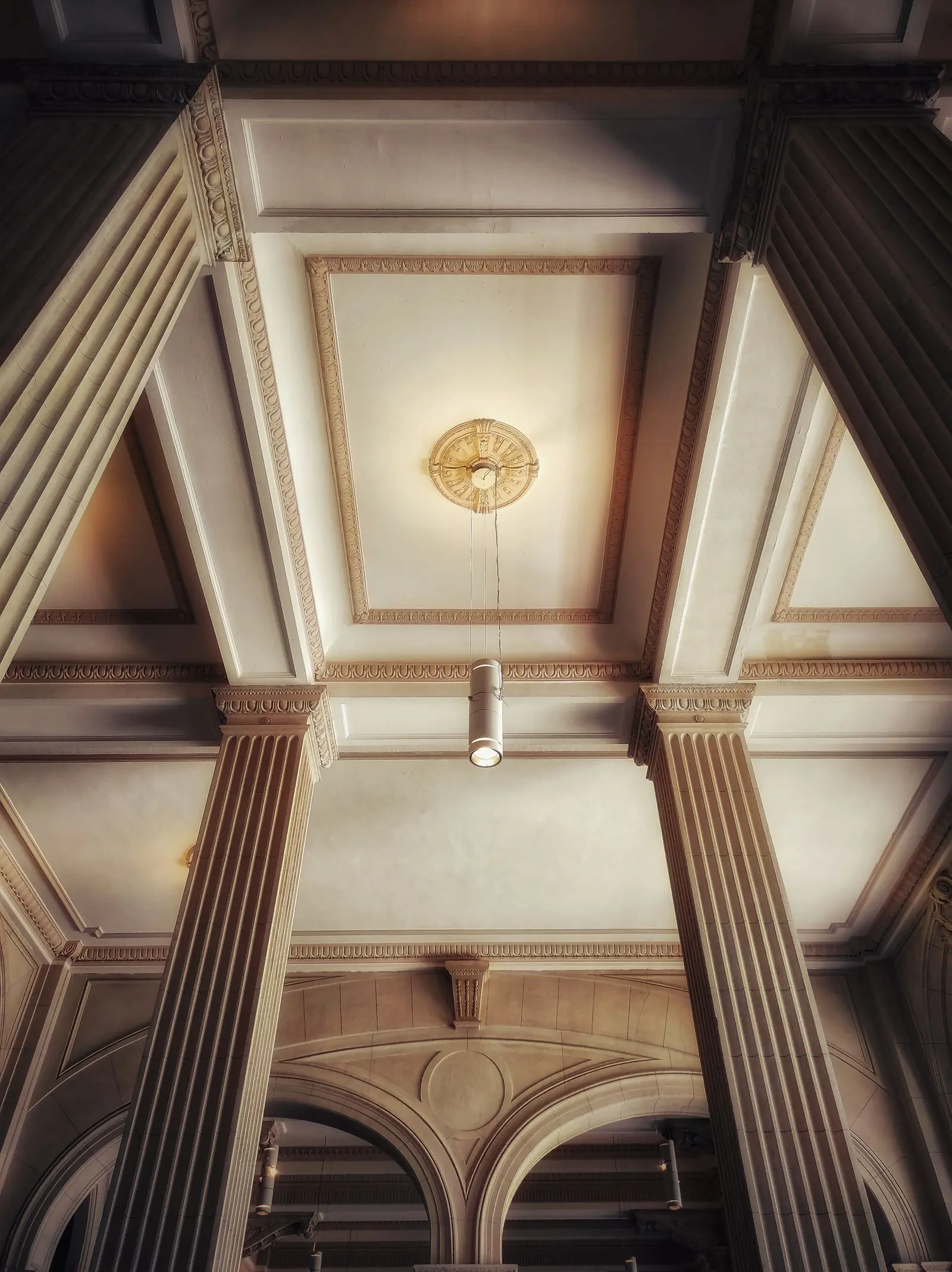 The vaulted ceiling above the firm's reception