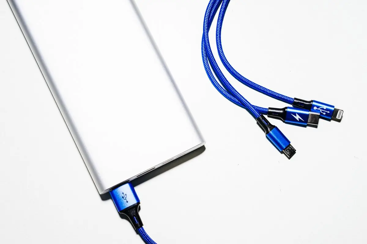 A white power bank and two blue charging cables on white