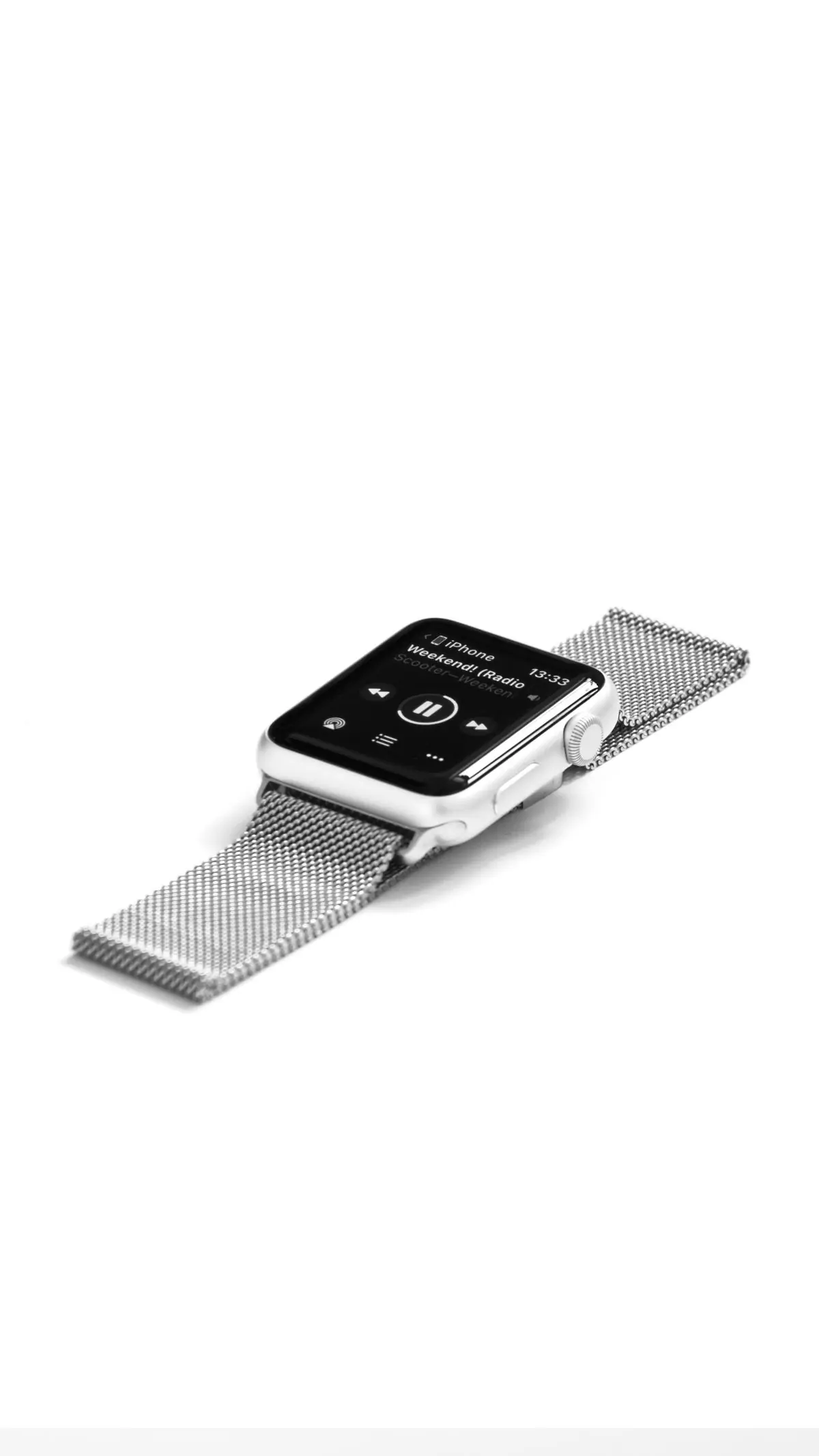 A smartwatch with a woven metal band, photographed on white