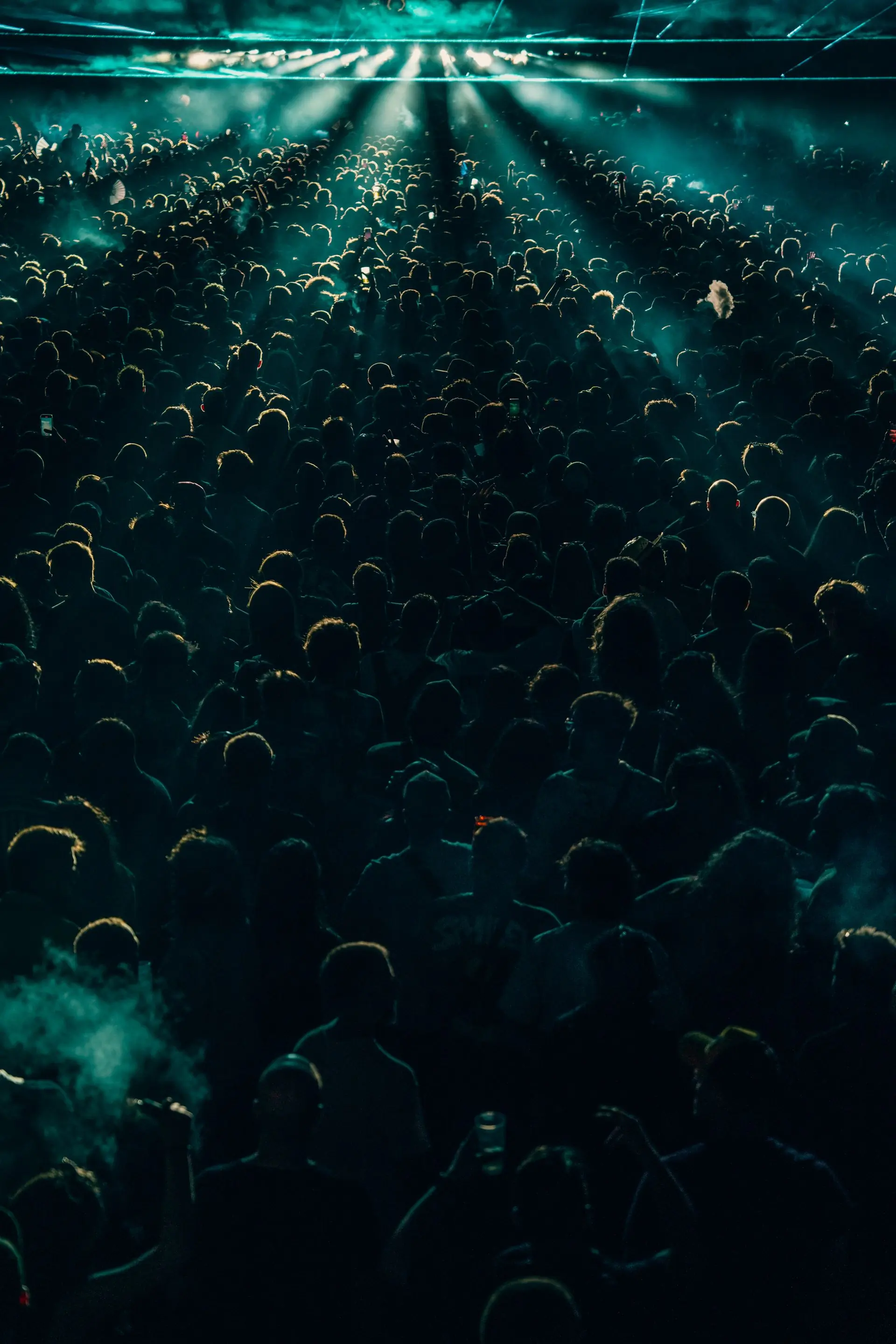 A crowd of silhouetted heads rimmed in warm stage light