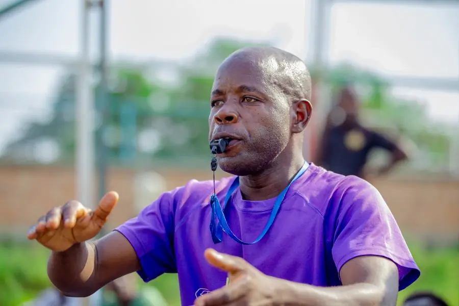 Selorm Mensah, head of football, mid-instruction at a session