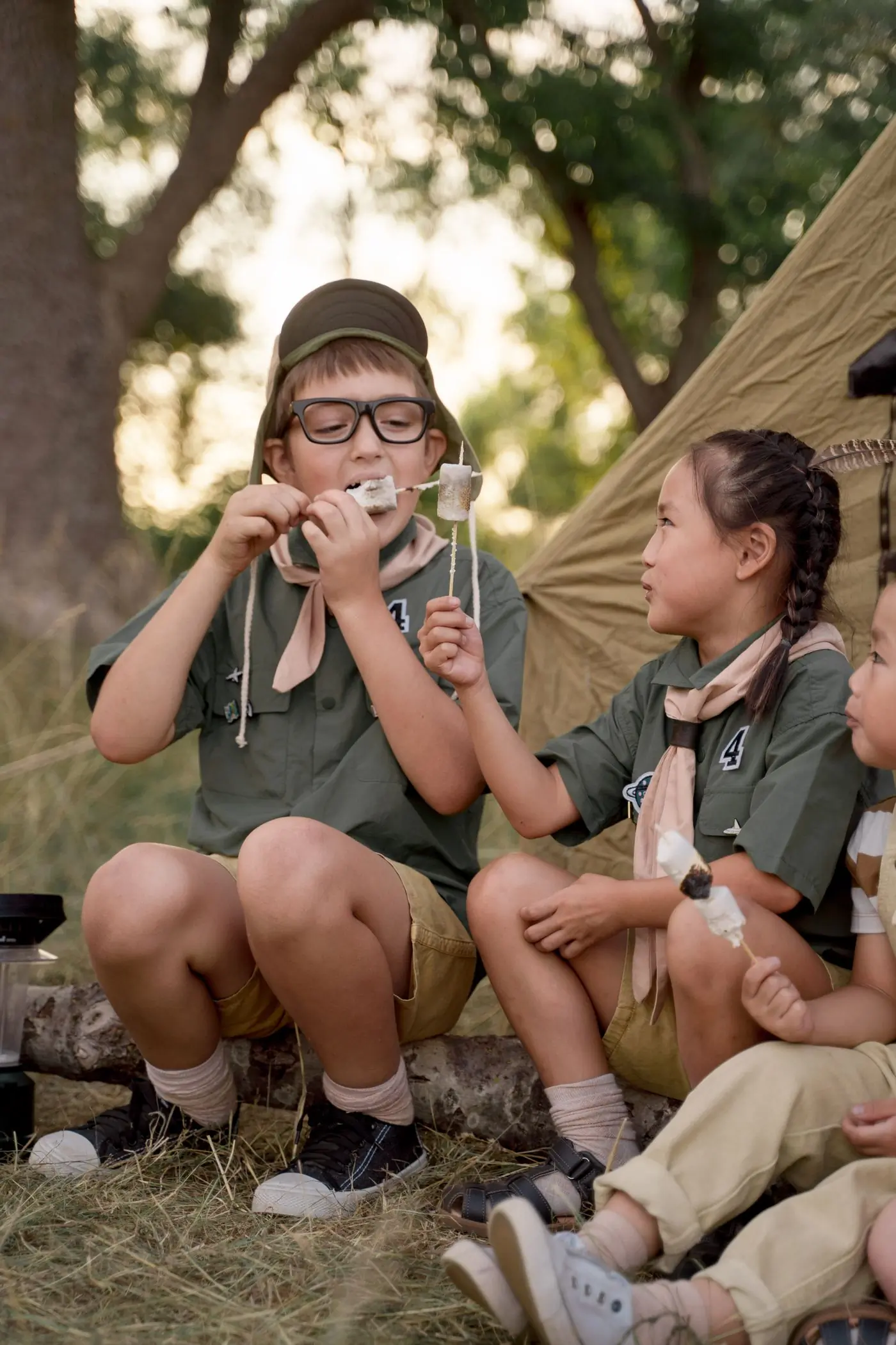 Campers toasting marshmallows on sticks at the evening fire
