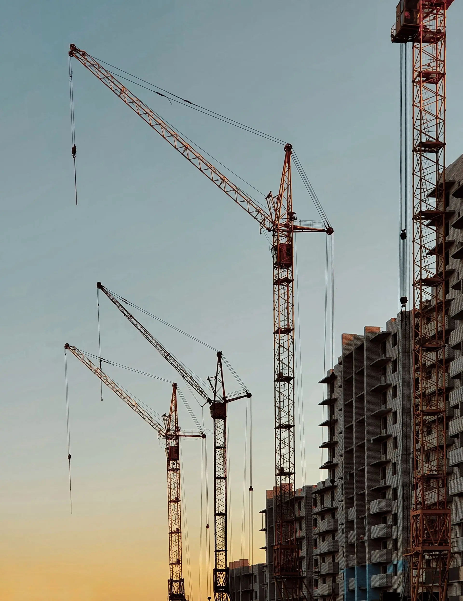 Tower cranes over a site at sunset
