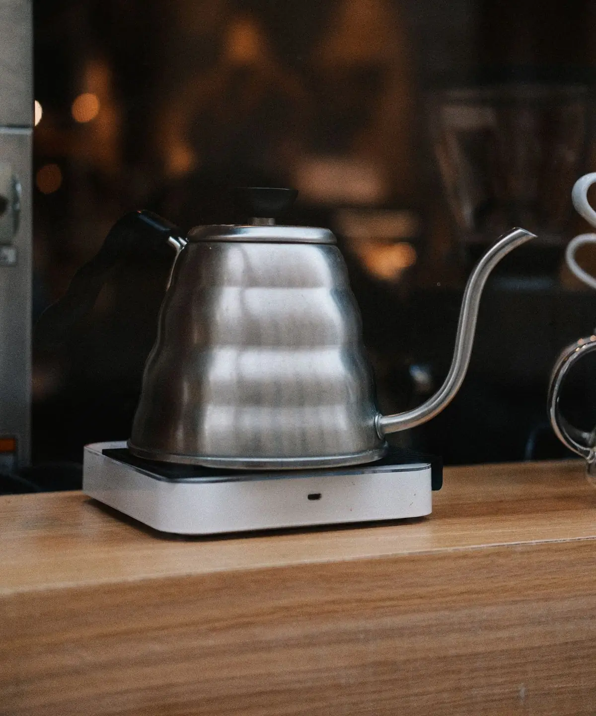 A gooseneck kettle on a plain ground