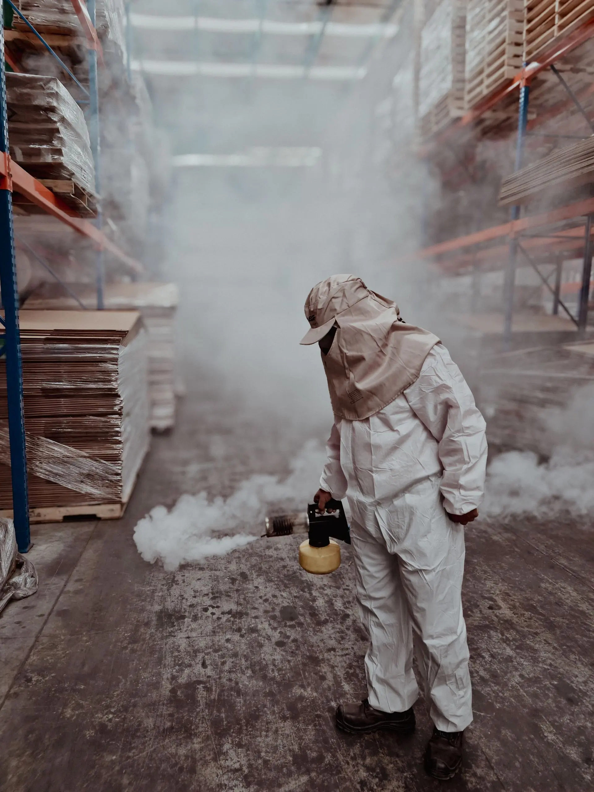 An Shield technician fogging a warehouse in full protective kit
