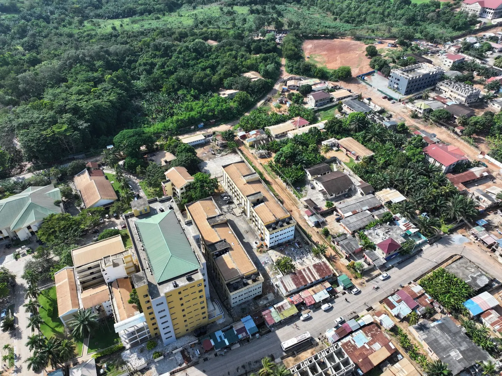 An aerial view over a residential neighbourhood in Greater Accra