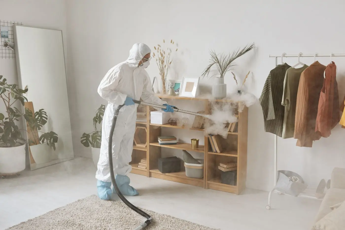 A technician applying gel bait along a kitchen shelf