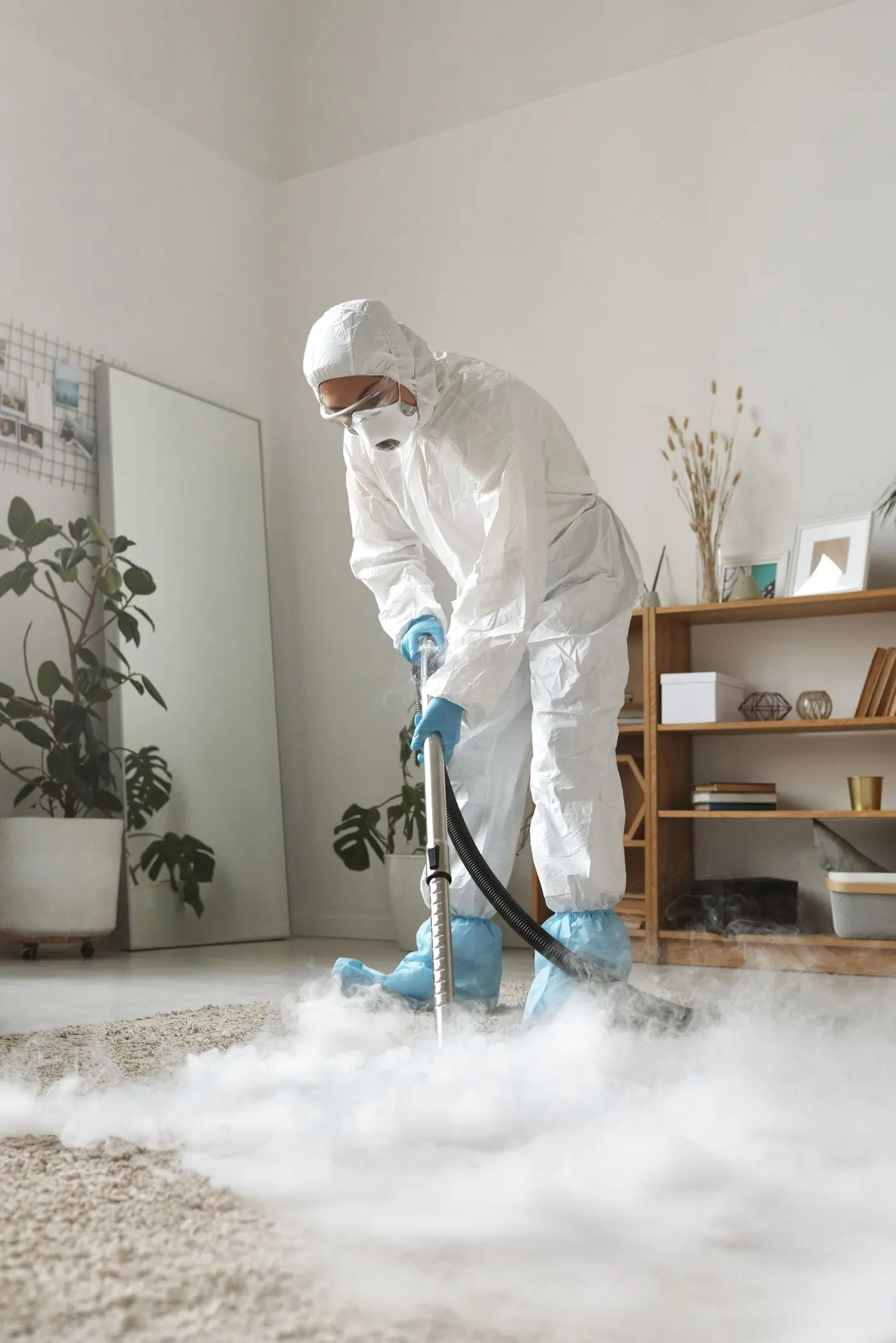 A technician fogging a living room with disinfectant