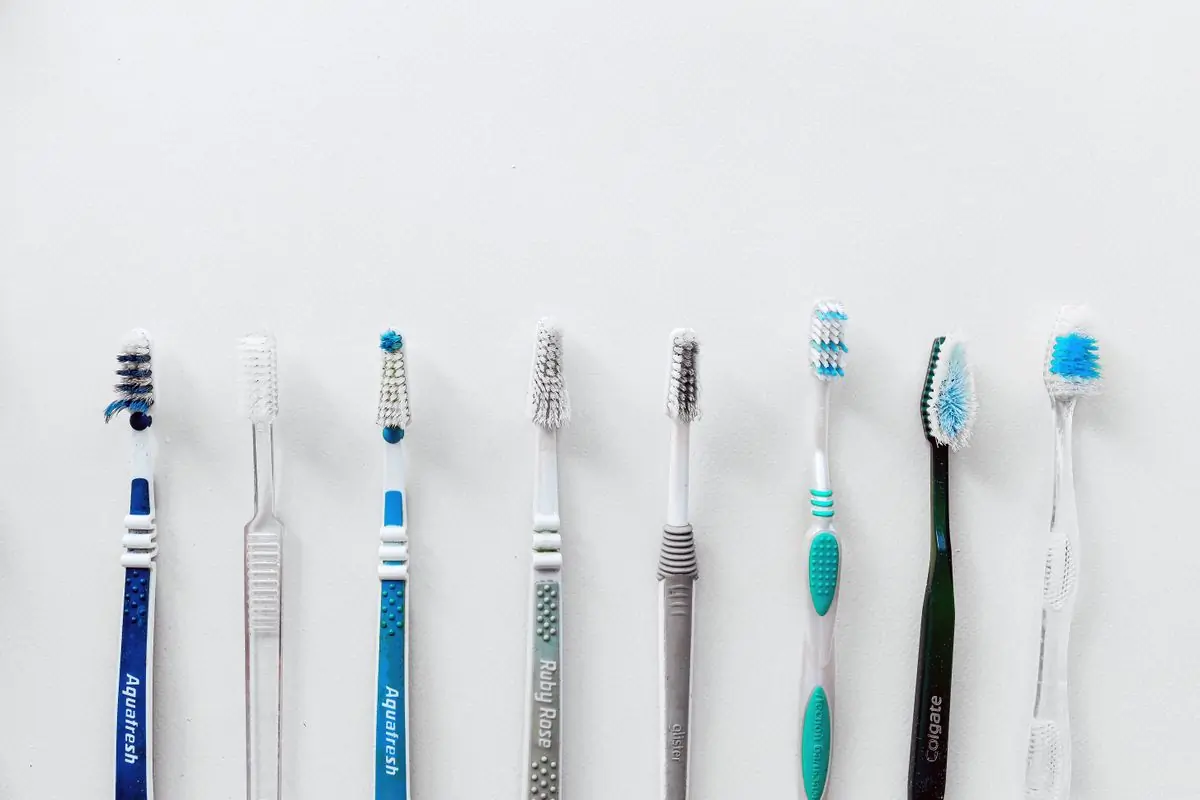 A row of toothbrushes against a pale ground