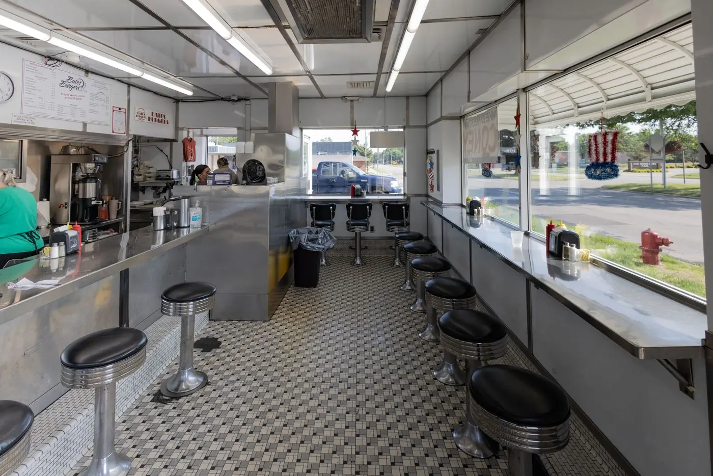 A classic diner interior with a checkered floor