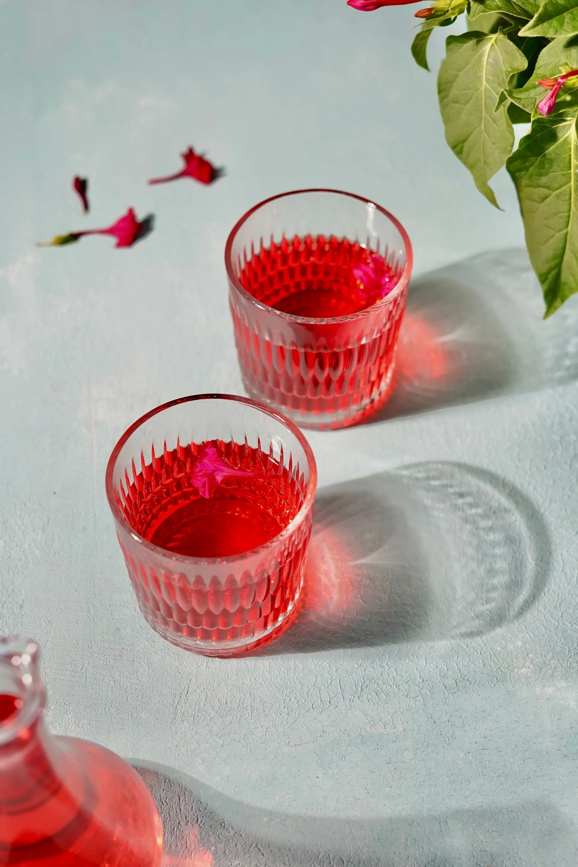 A red punch in a glass with fruit on the rim