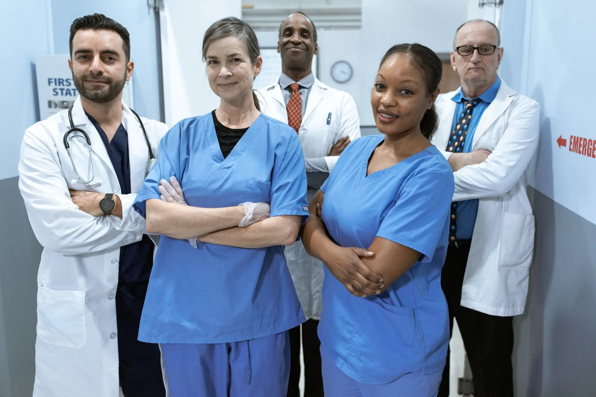 The clinic's doctors and nurses standing together in the corridor