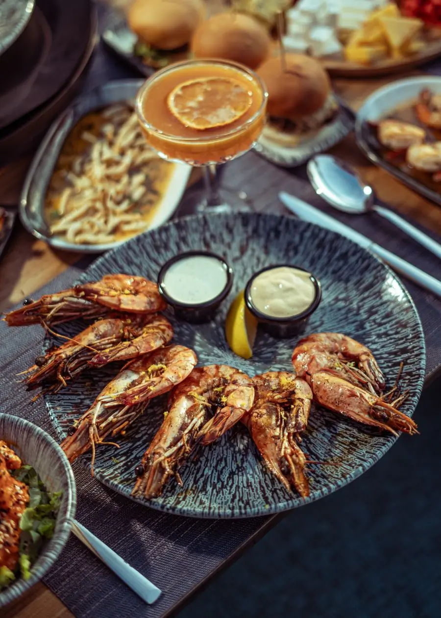 Grilled prawns with three dipping sauces