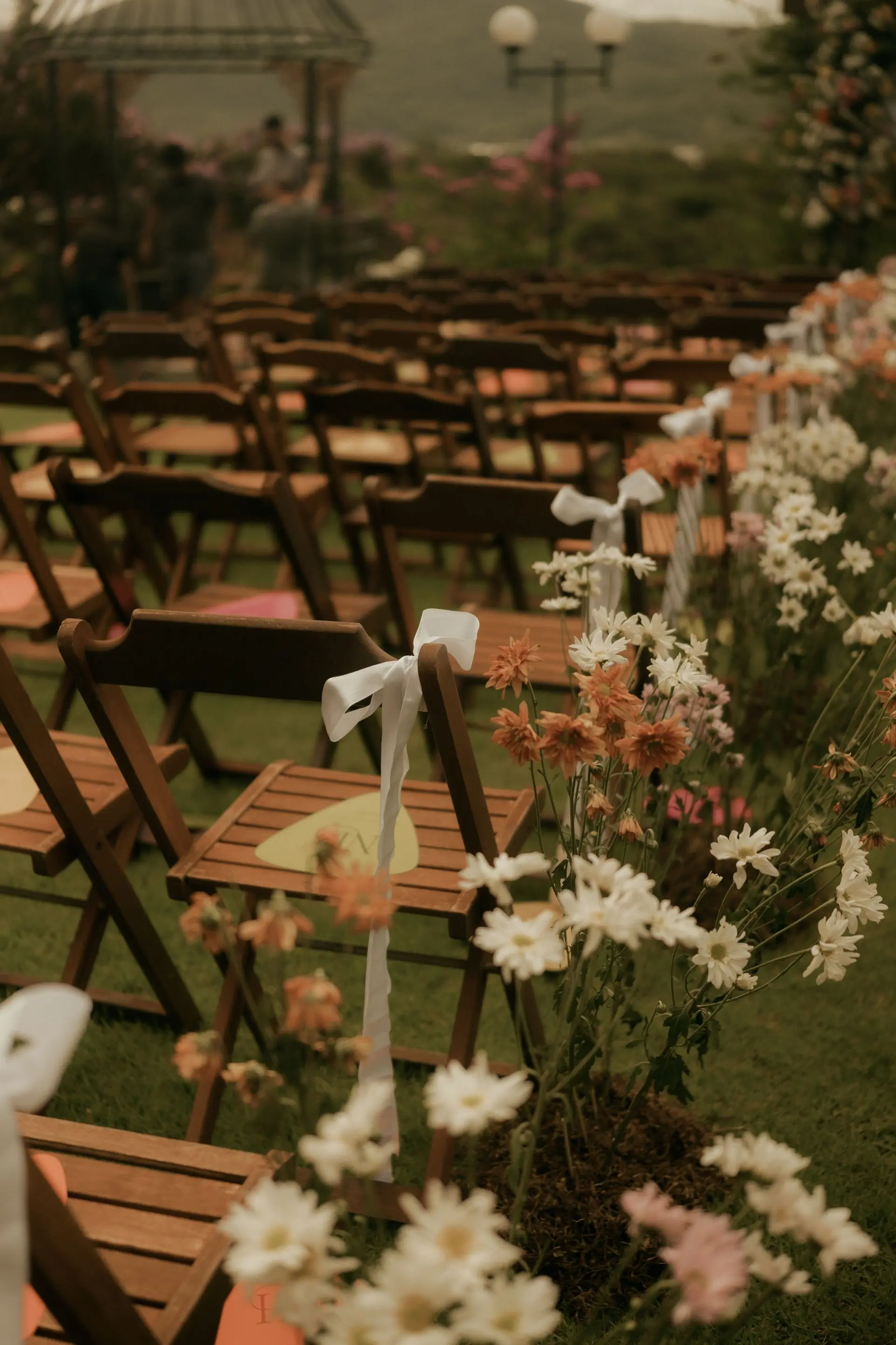 Wooden chairs set out for an outdoor ceremony with white flowers tied to them