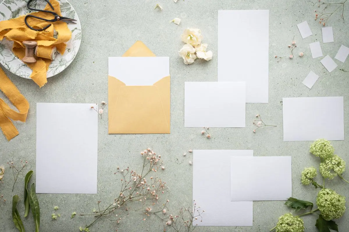 Blank cards and a gold envelope laid out on a pale stone surface