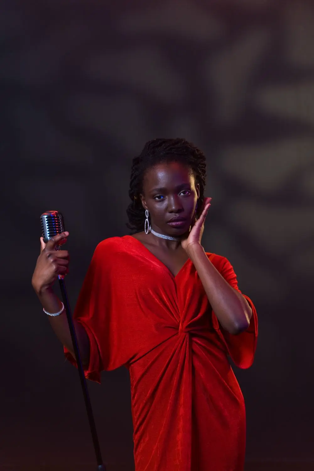 A portrait of the artist in a red dress holding out a chrome microphone