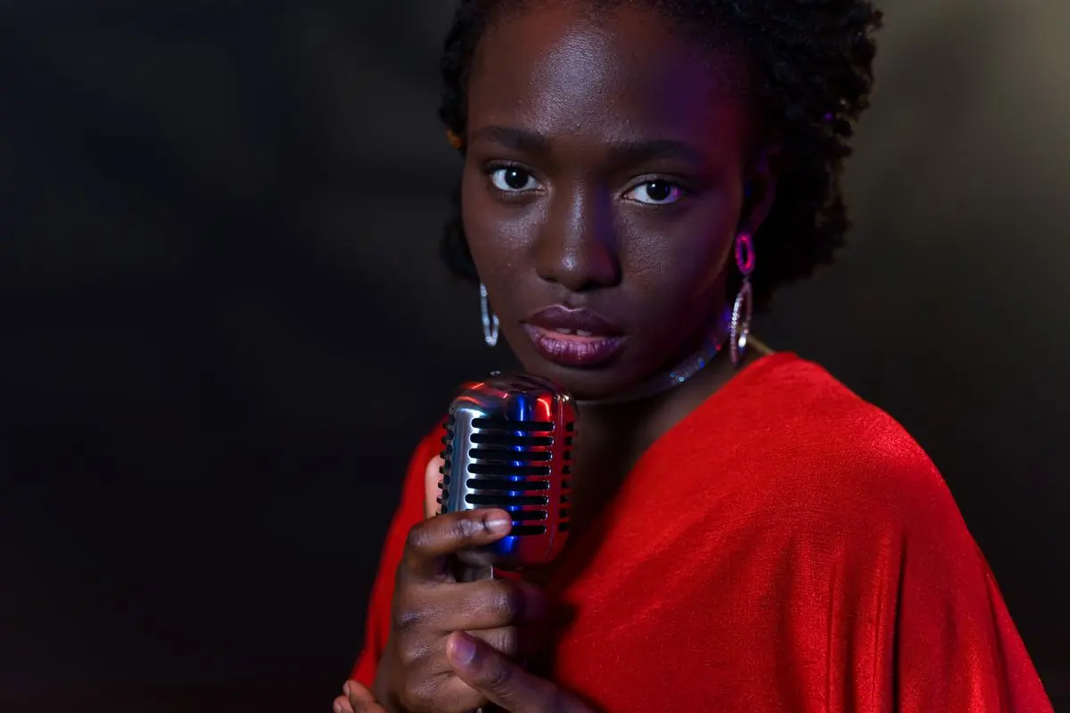 A portrait of the artist holding a chrome microphone, lit from one side
