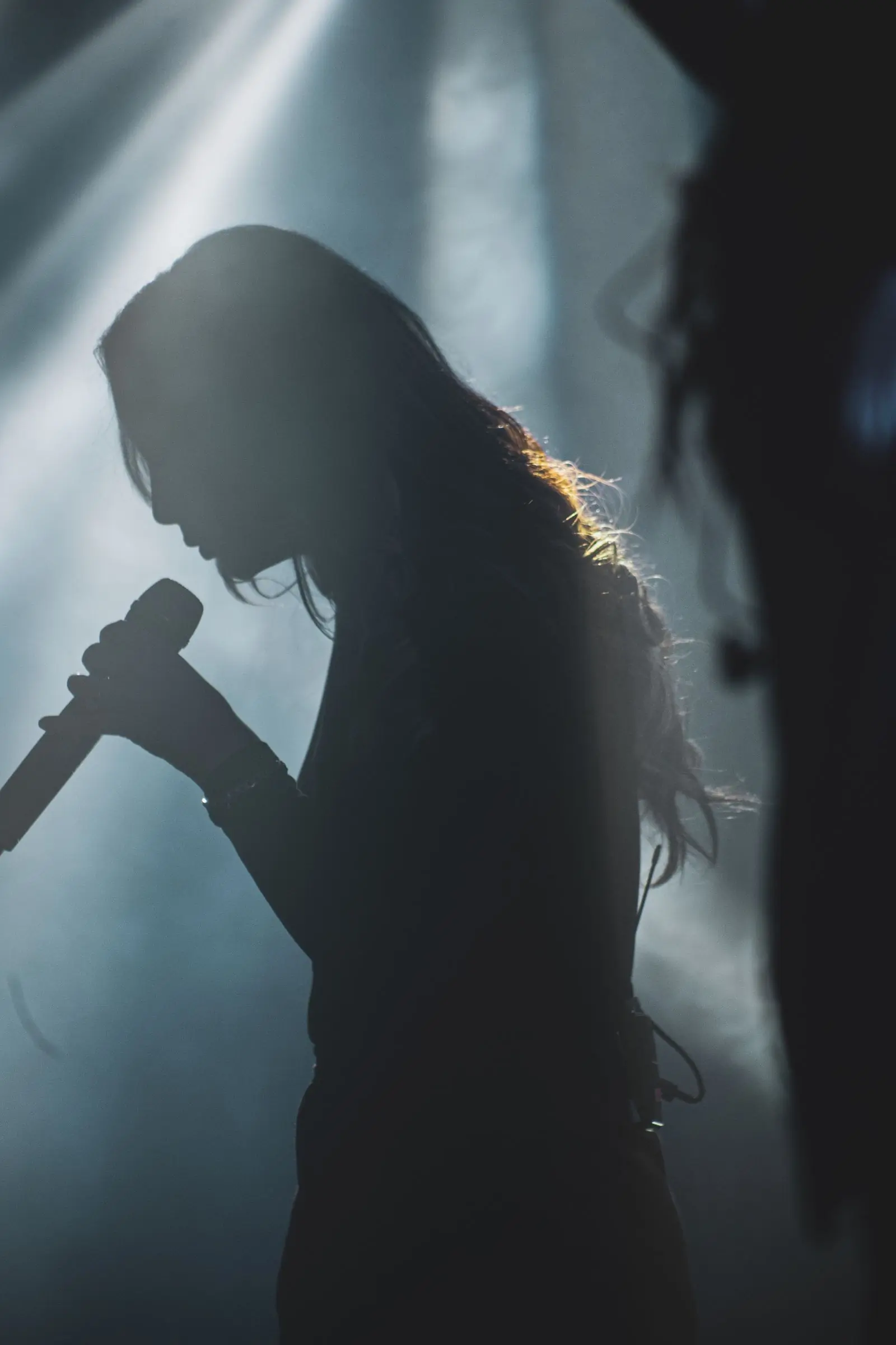 The silhouette of a singer holding a microphone in stage smoke