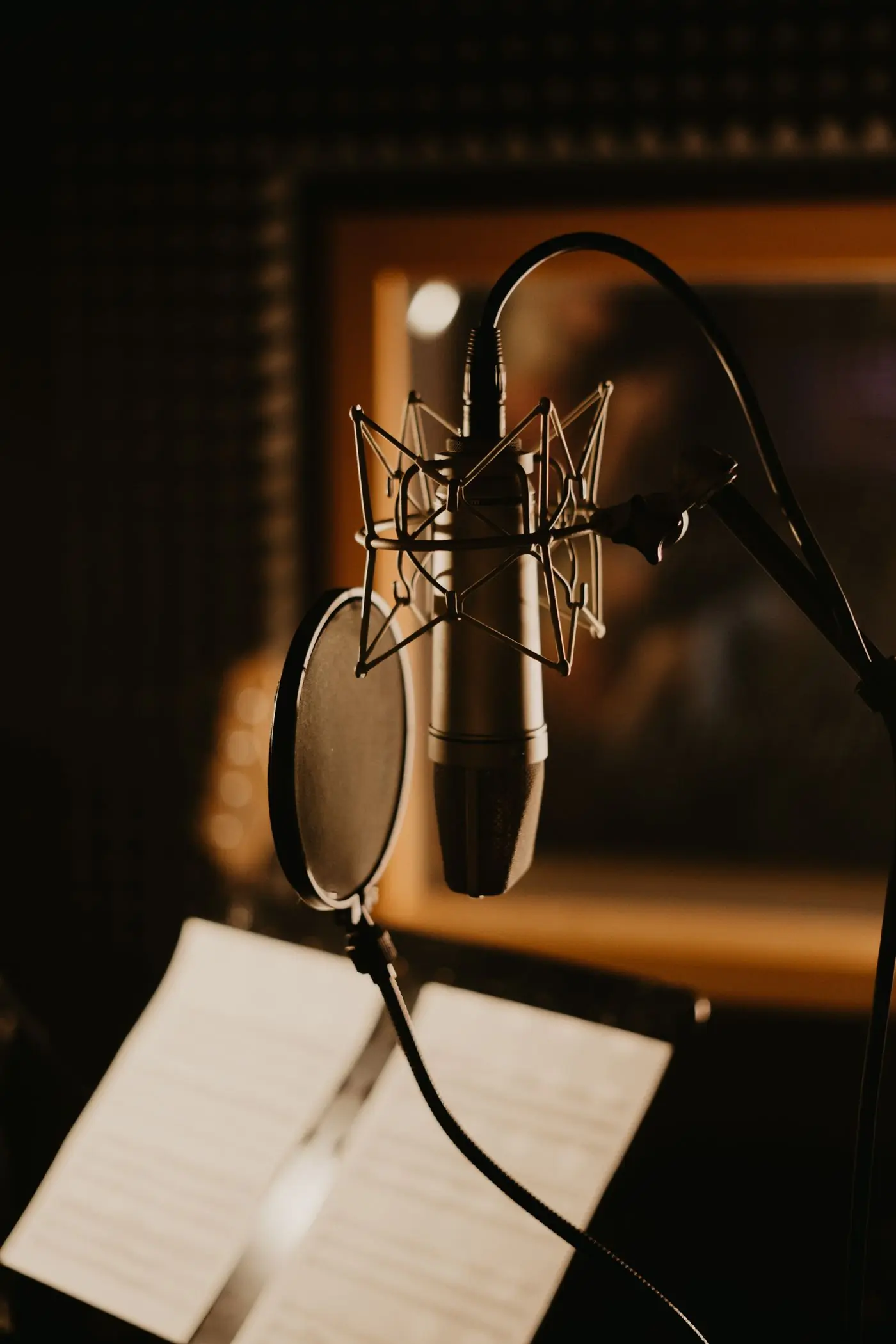 A vintage studio microphone with a pop filter in a warmly lit booth